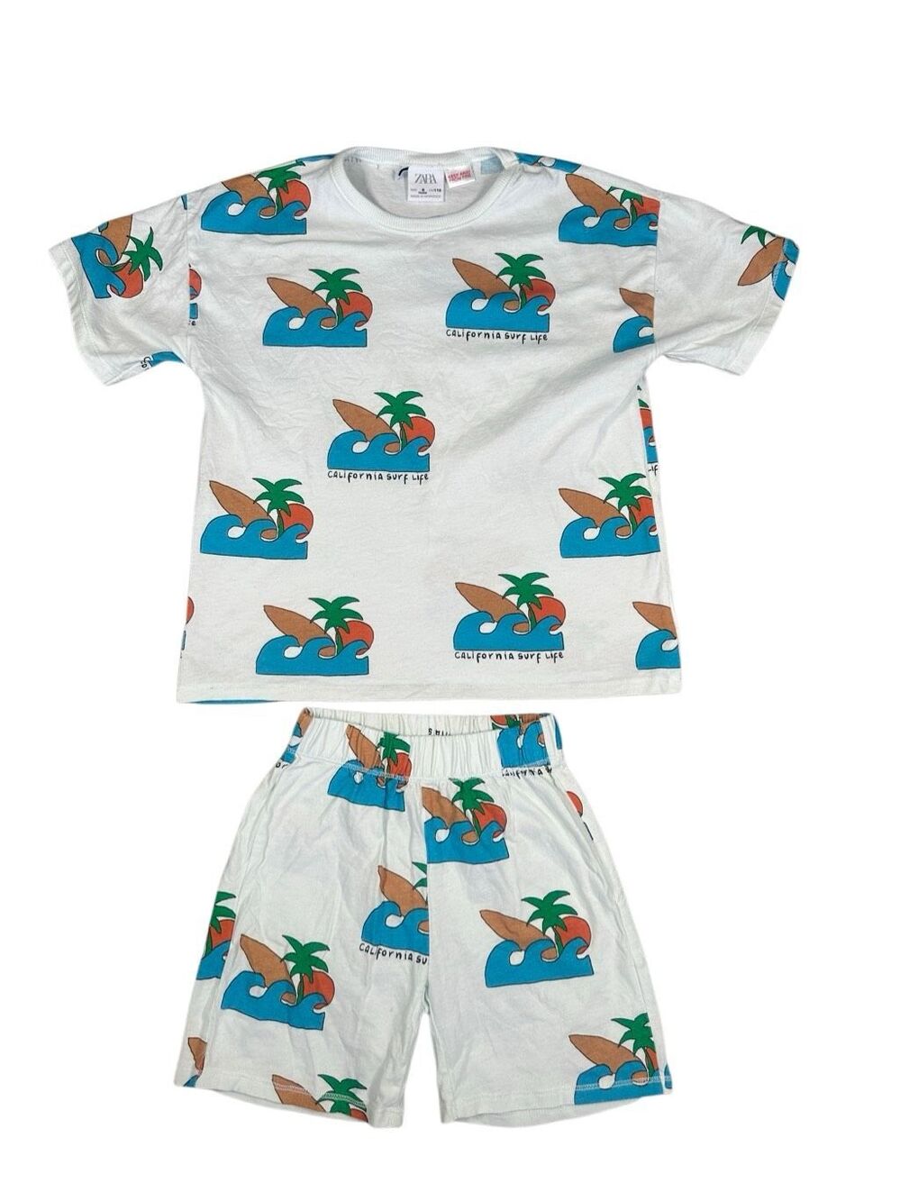 zara blue palm tree waves surfboard print matching set outfit shorts/t-shirt 6